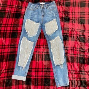 BEDAZZLED DENIM JEANS WITH CUTOUTS